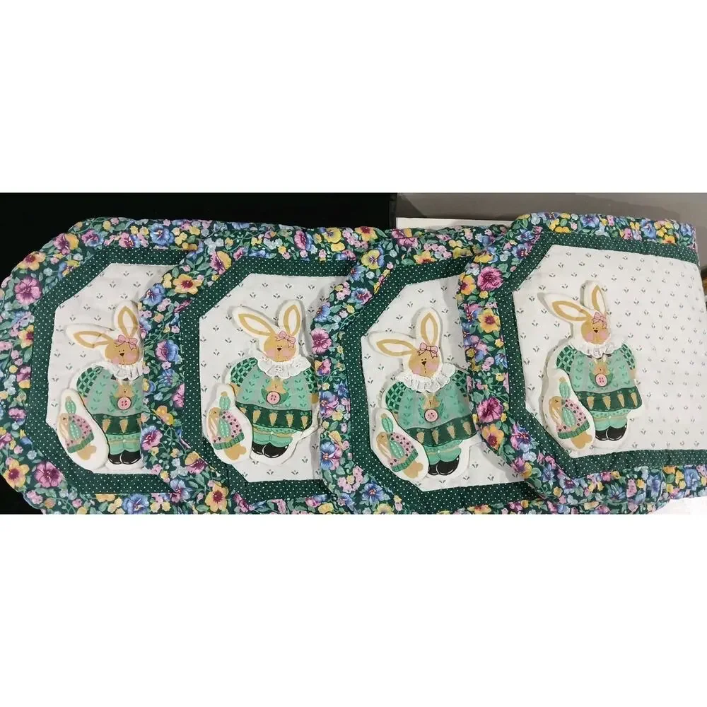 Vintage Rabbit Spirting Placemats with Utensil Pocket Set 4 Pansies Eyelet Lace